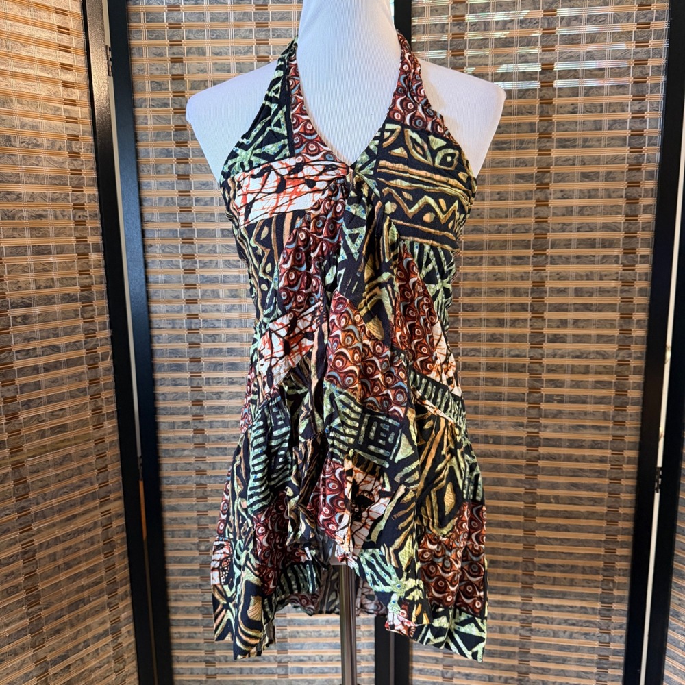 Jams World Topaz Halter Top Women Small Multi Color Batik Ruffle Geometric 1857